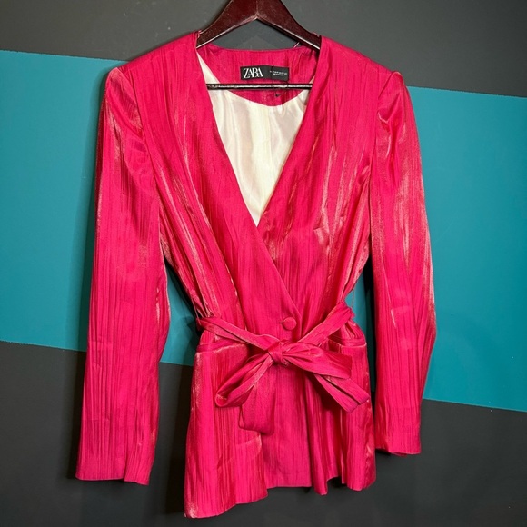 BNWT Zara Pink Blazer with Relaxed Silhouette and Self-Tie Belt - Picture 6 of 13